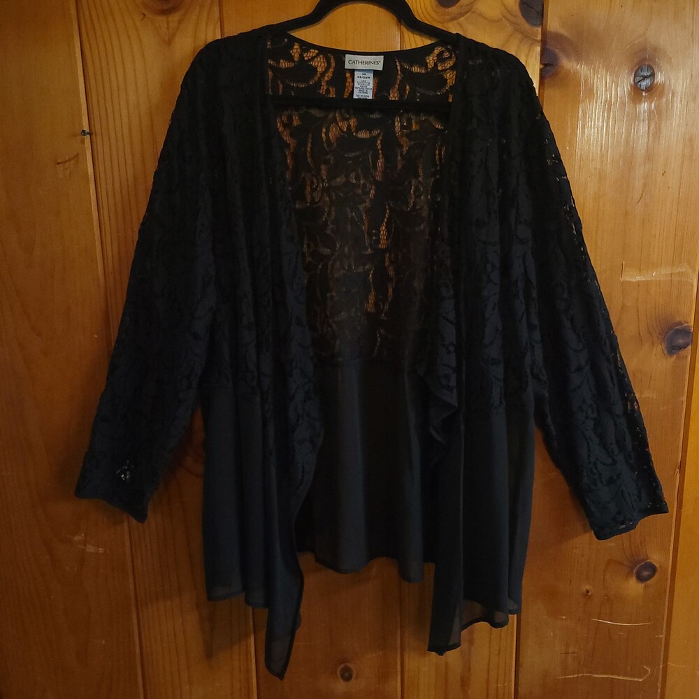 Catherines 3X Black Lace Cardigan 3/4 Sleeve Open Front Plus Size